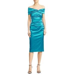 Talbot Runhof Ruched Satin Cocktail Dress Danube Size 6 NWT